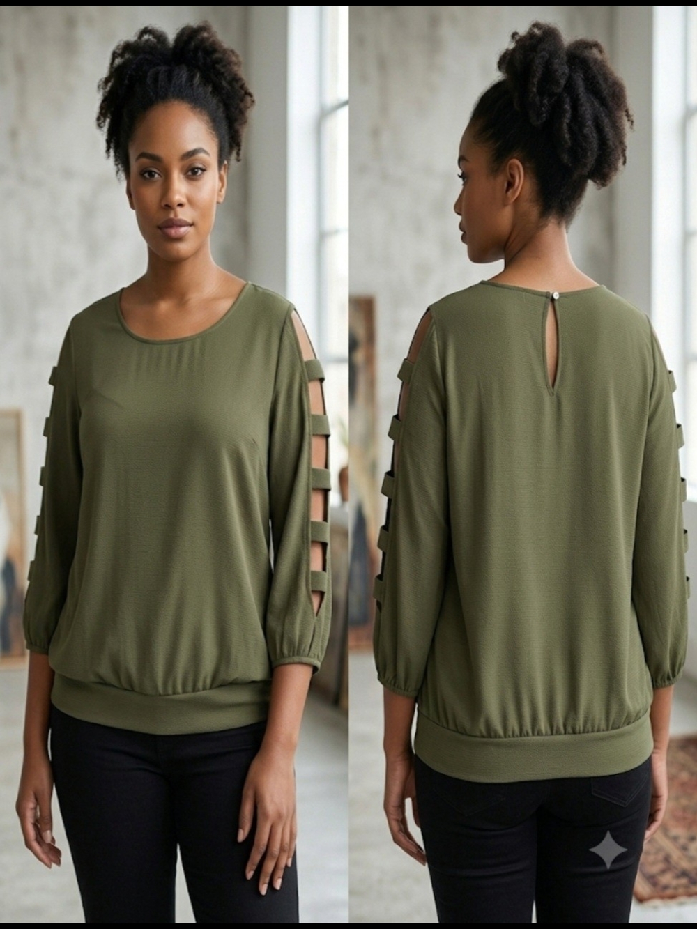 New York & Co Olive Green Ladder-Sleeve Blouse Top XXL
